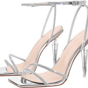 NWOT LISHAN Women's Clear Square Toe Heel Sandals Strappy Stiletto Heels